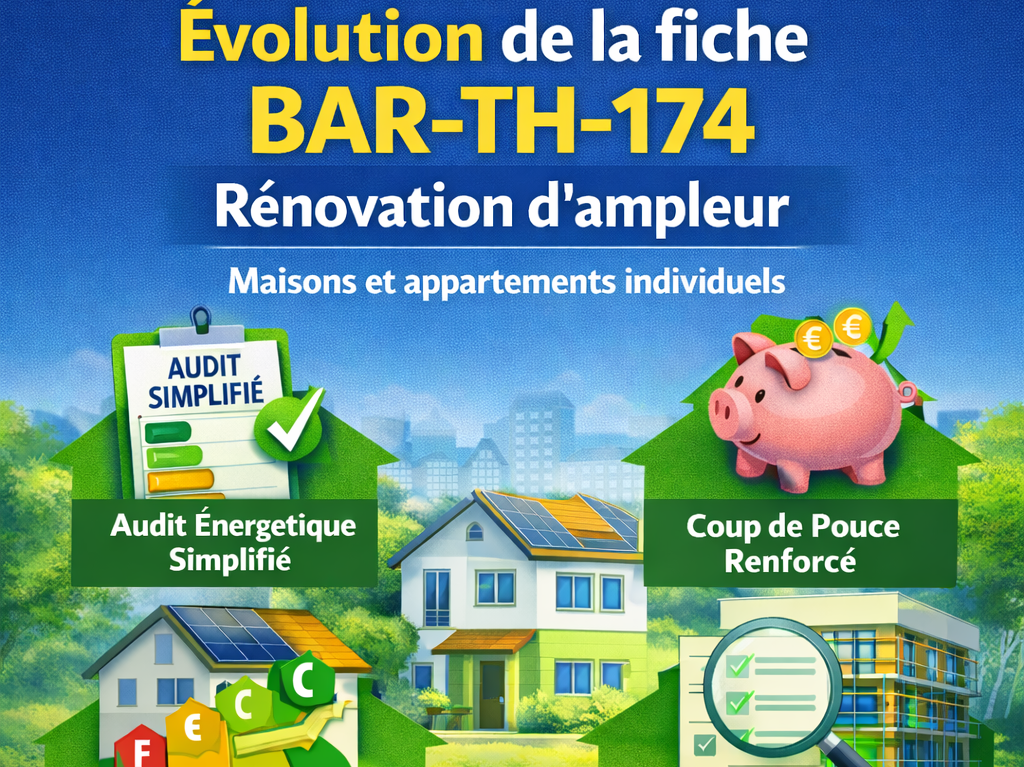 Infographie sur l’évolution de la fiche BAR-TH-174 pour la rénovation d’ampleur des maisons et appartements individuels, incluant audit énergétique simplifié, Coup de pouce renforcé, saut de classes DPE et contrôles accrus – arrêté du 7 janvier 2026.