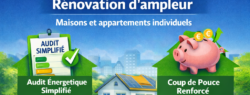 Infographie sur l’évolution de la fiche BAR-TH-174 pour la rénovation d’ampleur des maisons et appartements individuels, incluant audit énergétique simplifié, Coup de pouce renforcé, saut de classes DPE et contrôles accrus – arrêté du 7 janvier 2026.