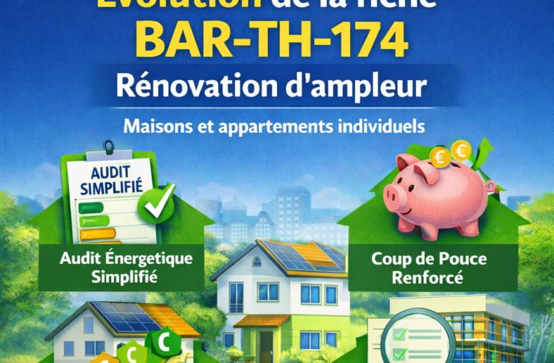 Infographie sur l’évolution de la fiche BAR-TH-174 pour la rénovation d’ampleur des maisons et appartements individuels, incluant audit énergétique simplifié, Coup de pouce renforcé, saut de classes DPE et contrôles accrus – arrêté du 7 janvier 2026.