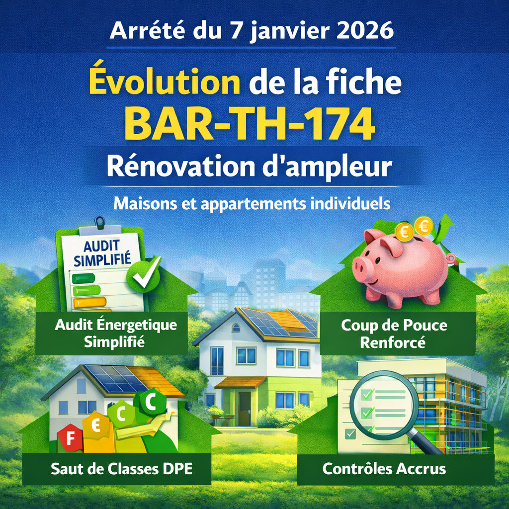 Infographie sur l’évolution de la fiche BAR-TH-174 pour la rénovation d’ampleur des maisons et appartements individuels, incluant audit énergétique simplifié, Coup de pouce renforcé, saut de classes DPE et contrôles accrus – arrêté du 7 janvier 2026.