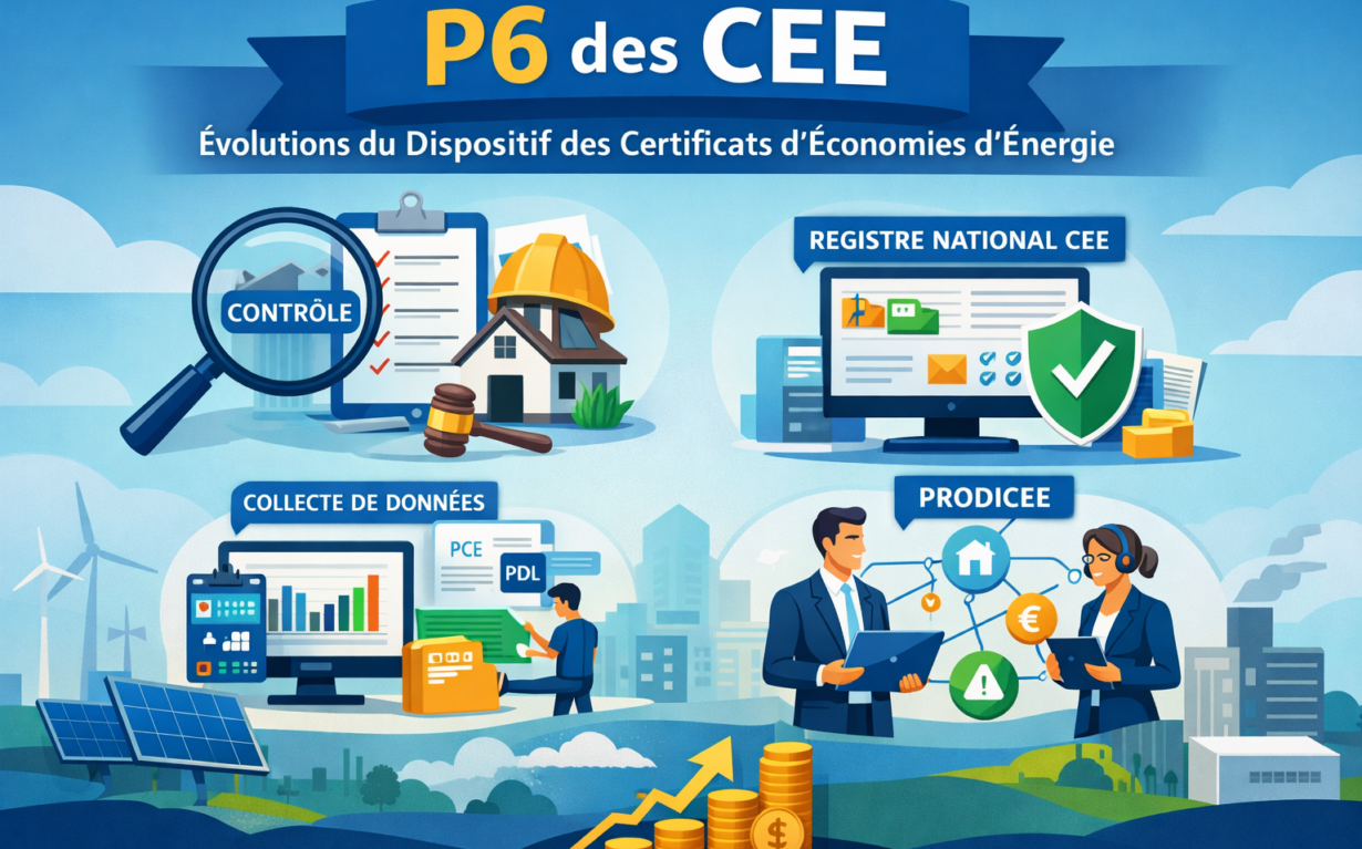 Illustration du dispositif P6 des certificats d’économies d’énergie (CEE) en France, montrant le contrôle des opérations, le registre national, la collecte de données et le programme PRODICEE pour la lutte contre la fraude.