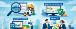 Illustration du dispositif P6 des certificats d’économies d’énergie (CEE) en France, montrant le contrôle des opérations, le registre national, la collecte de données et le programme PRODICEE pour la lutte contre la fraude.