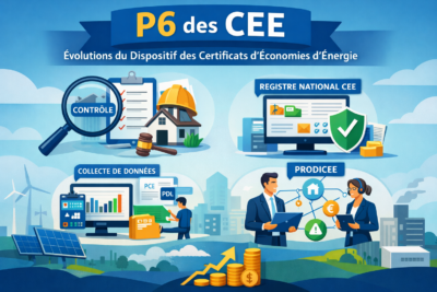 Illustration du dispositif P6 des certificats d’économies d’énergie (CEE) en France, montrant le contrôle des opérations, le registre national, la collecte de données et le programme PRODICEE pour la lutte contre la fraude.