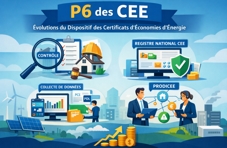Illustration du dispositif P6 des certificats d’économies d’énergie (CEE) en France, montrant le contrôle des opérations, le registre national, la collecte de données et le programme PRODICEE pour la lutte contre la fraude.